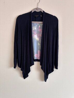 Long Sleeve Mix Media Flower Print Navy Lightweight Open Front Draped Cardigan